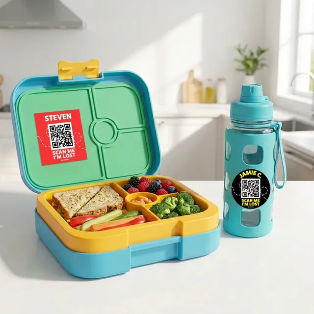 QR-Rescue durable QR code stickers on a kid's lunchbox